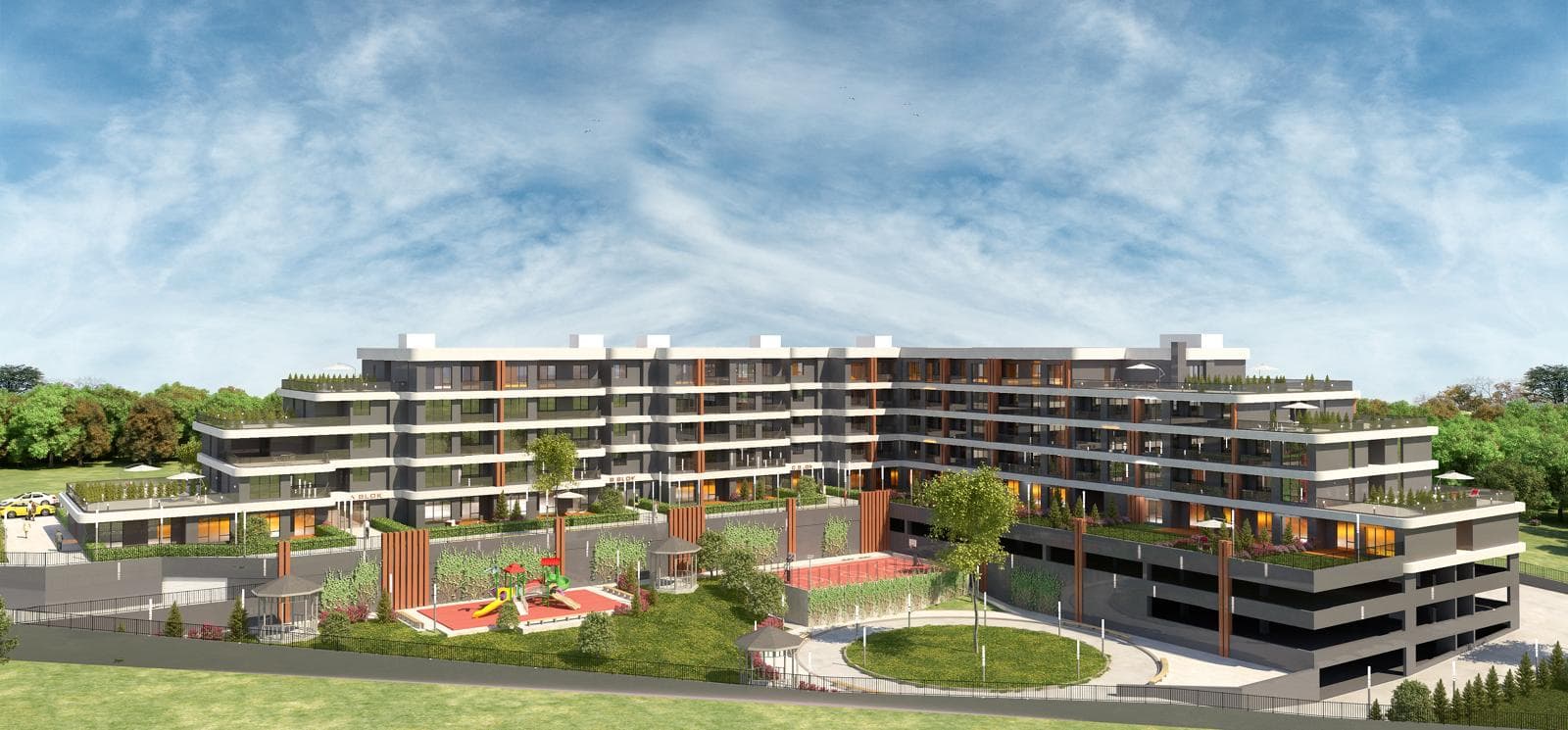 Laviva Trivium ana cephe ve blok yerleşimi renderı